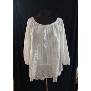 LRL Ralph Lauren White Peasant Top 3/4 Sleeves Eyelet Lace Trim 3 XL-4  Boho